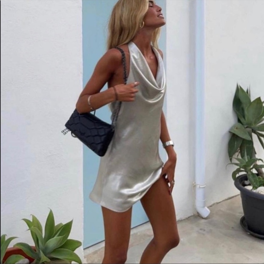 ZARA STUDIO COLLECTION METALLIC COWL NECK DRESS / SILVER GOLD MINI DRESS